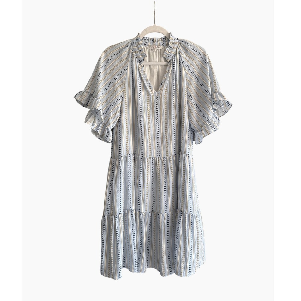 Joy Joy Tiered Knee Length Dress Ruffle Sleeve Sz S Blue Embroidered Stripe Boho